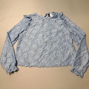 Divided By H&M Blue Floral Lace Blouse Size 12 Crochet Ruffle Feminine Romantic